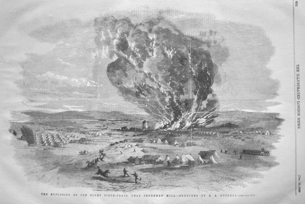 The Explosion of the Right Siege-Train, near Inkerman Mill.  1855