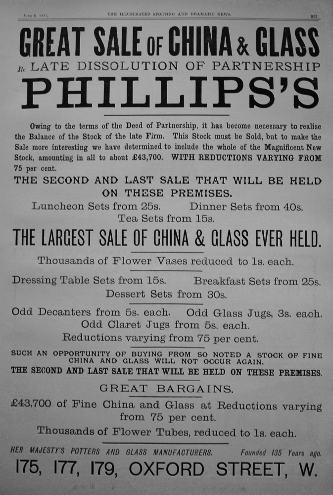 Great Sale of China & Glass. Re. Late Dissolution of Partnership "Phillips's." 1895