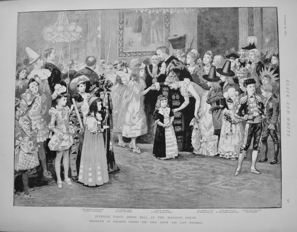 Juvenile Fancy Dress Ball at the Mansion House.- Procession of Children Passing the Lord Mayor and Lady Mayoress. 1892