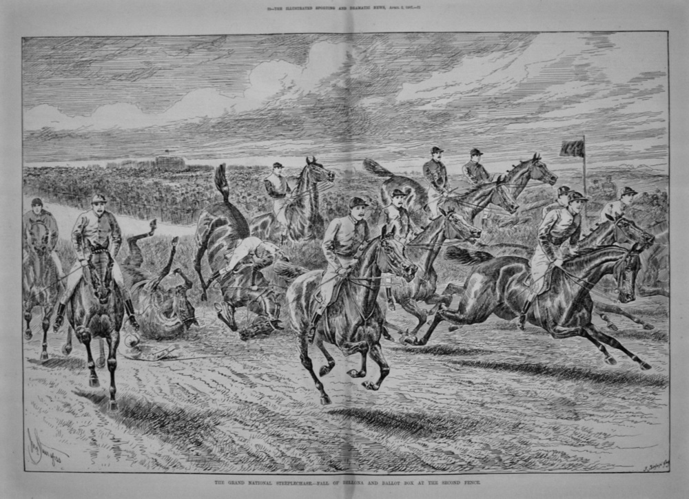 The Grand National Steeplechase.- Fall of Bellona and Ballot Box at the Second Fence. 1887