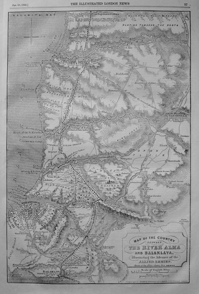 Map of the Country between The River Alma and Balaklava, illustrating the Advance of the Allied Armies. 1855