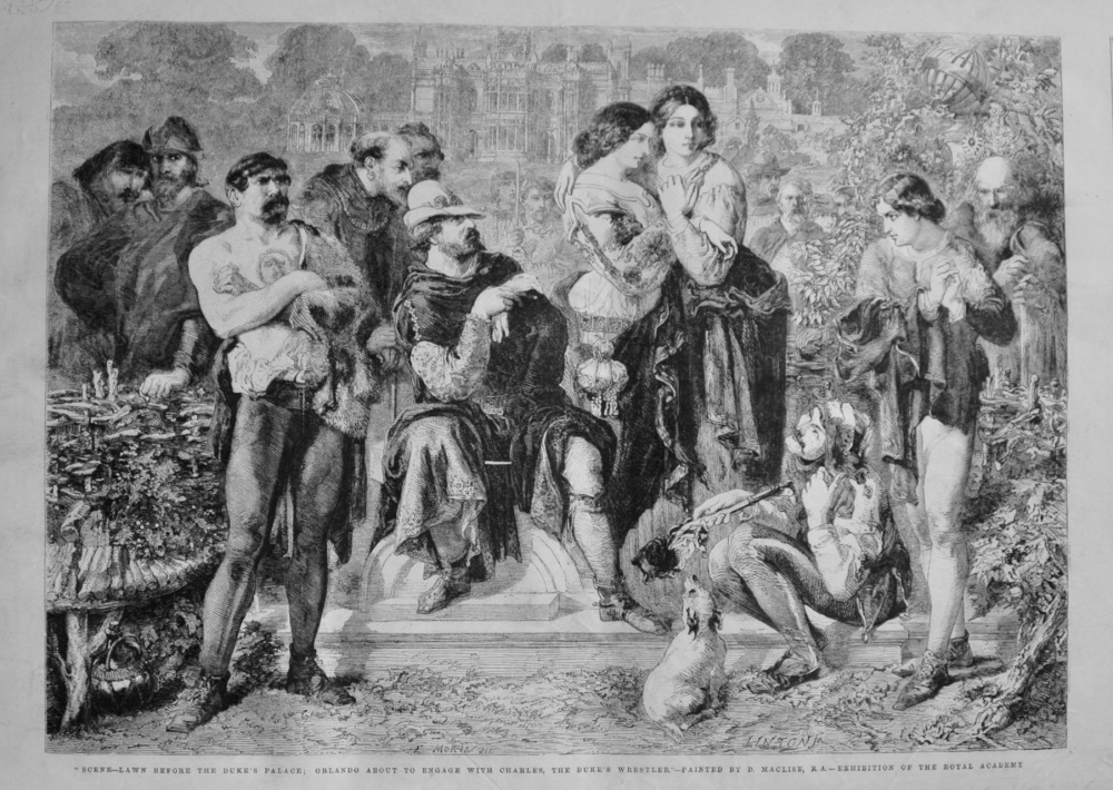 "Scene-Lawn before the Duke's Palace; Orlando about to Engage with Charles, The Duke's Wrestler."- Painted by D. Maclise, R.A.-Exhibition of the Royal