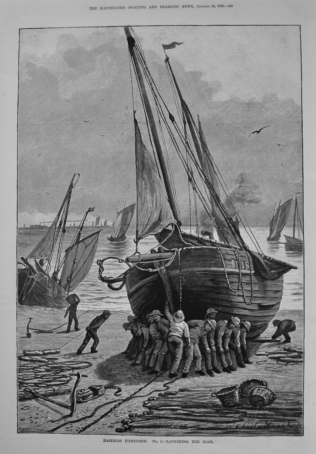 Hastings Fishermen. No.1.- Launching the Boat. 1888