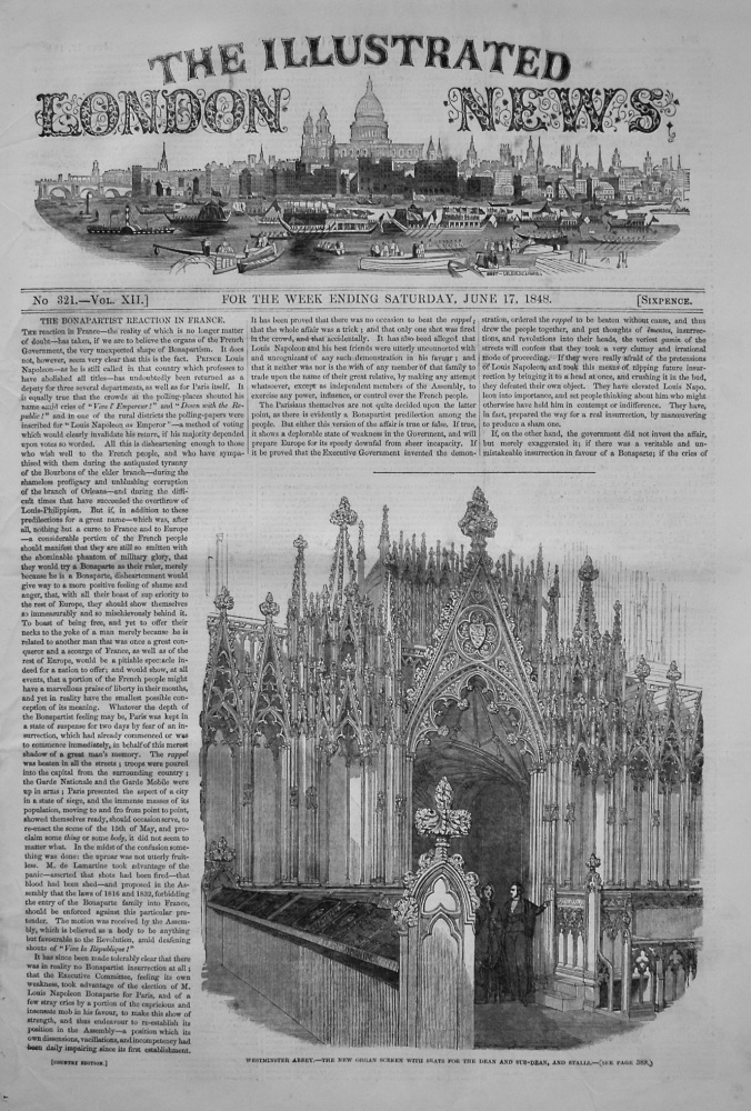 Westminster Abbey.- The New Organ Screen with Seats for the Dean and Sub-dean, and Stalls. 1848
