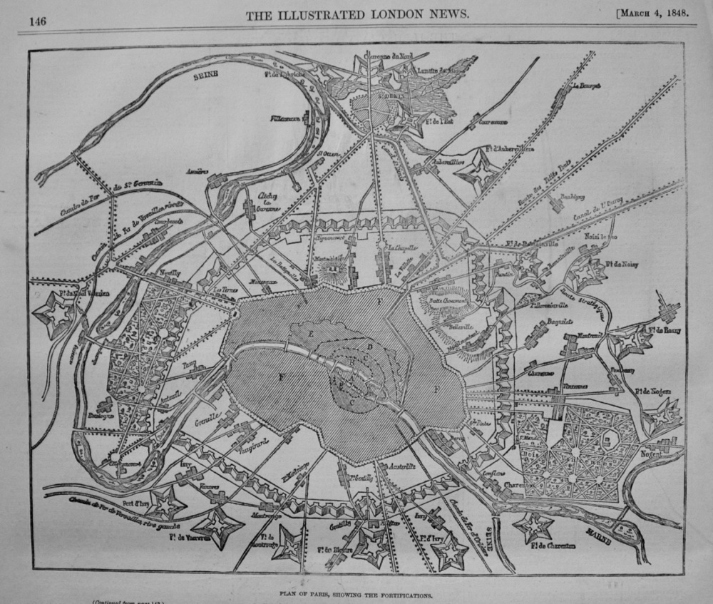 Plan of Paris, showing the Fortifications. 1848