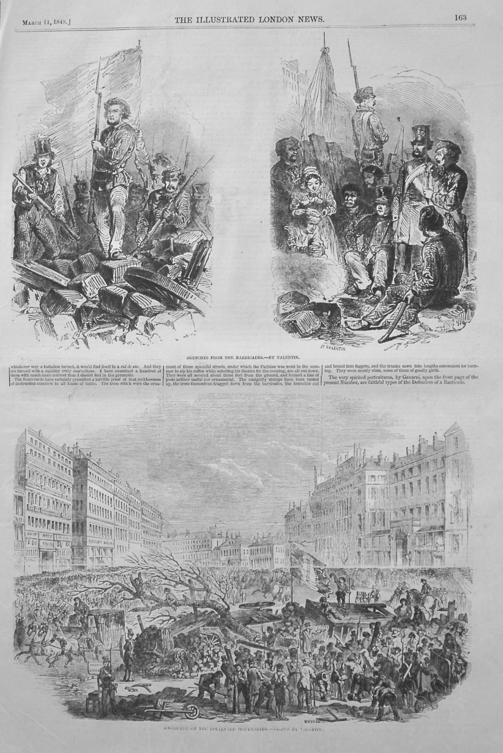 Barricade on the Boulevard Montmartre.- Drawn by Valentin. 1848