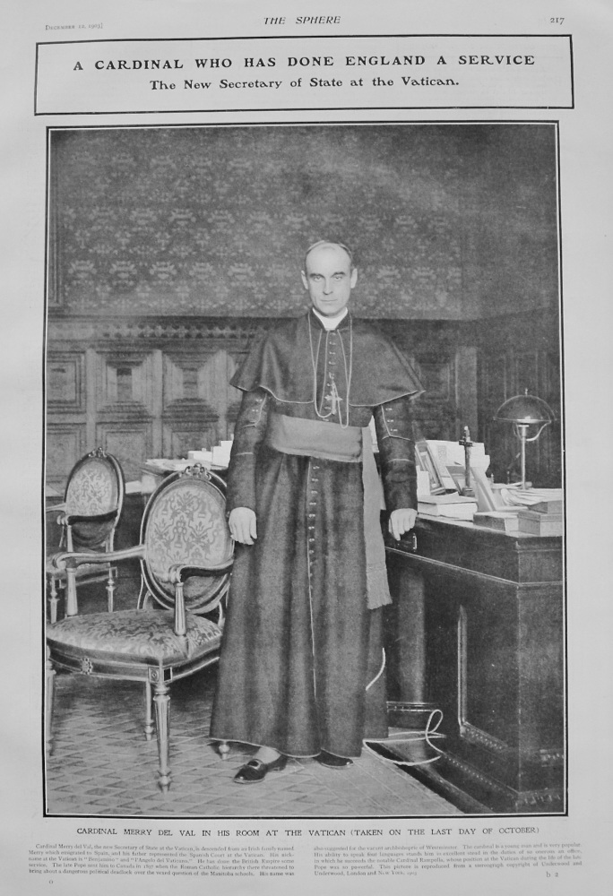 A Cardinal who has done England a Service : The New Secretary of State at the Vatican. (Cardinal Merry Del Val) 1903.