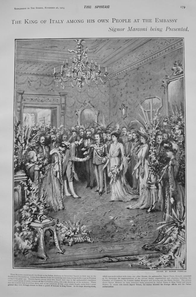 The King of Italy among his own People at the Embassy : Signor Marconi being Present. 1903