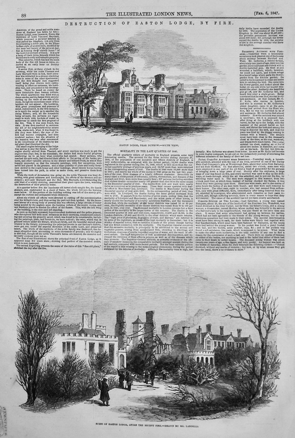 Destruction of Easton Lodge, by Fire. 1847