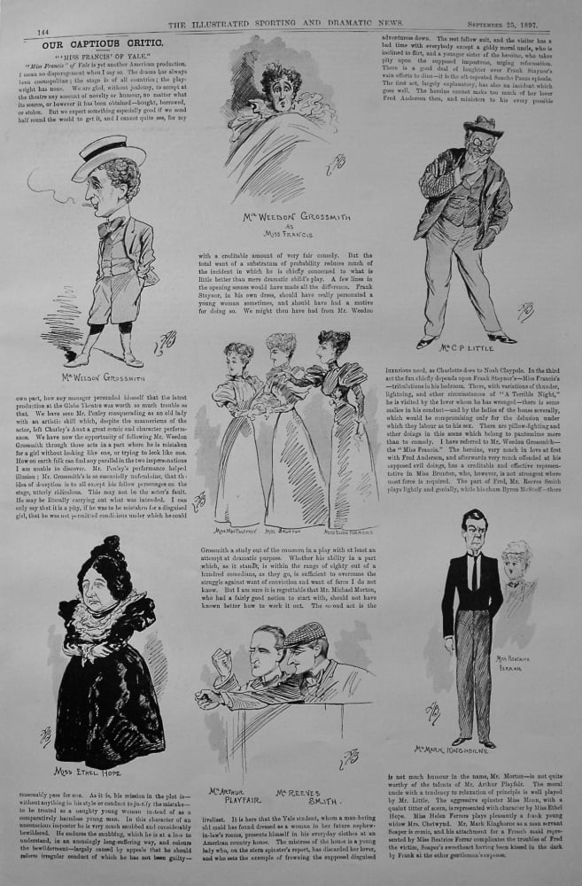 Our Captious Critic, September 25th, 1897.  : "'Miss Francis' of Yale." at the Globe Theatre.