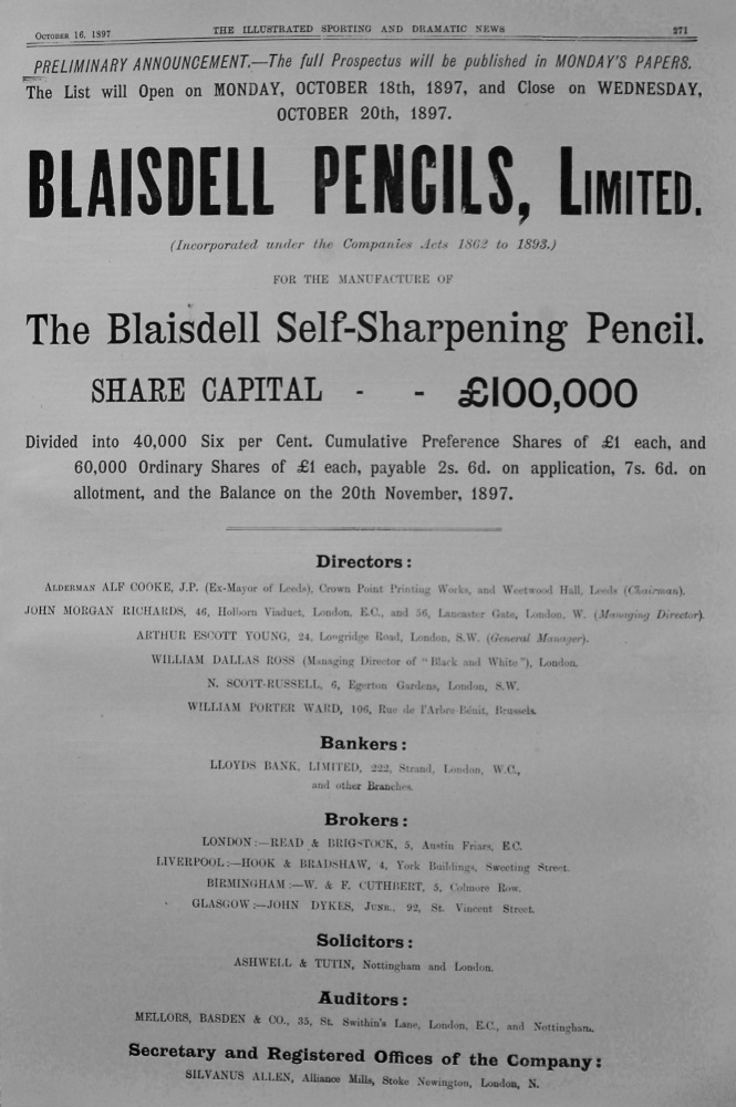 Blaisdell Pencils, Limited. 1897.