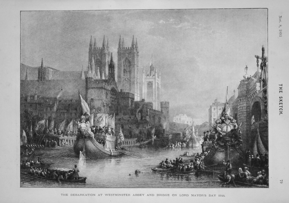 The Debarkation at Westminster Abbey and Bridge on Lord Mayor's Day 1844. 