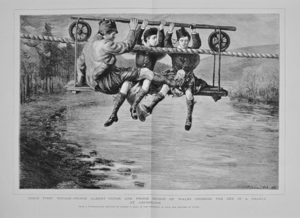 Their First Voyage - Prince Albert Victor and Prince George of Wales Crossing the Dee in a Cradle at Abergeldie. 1882