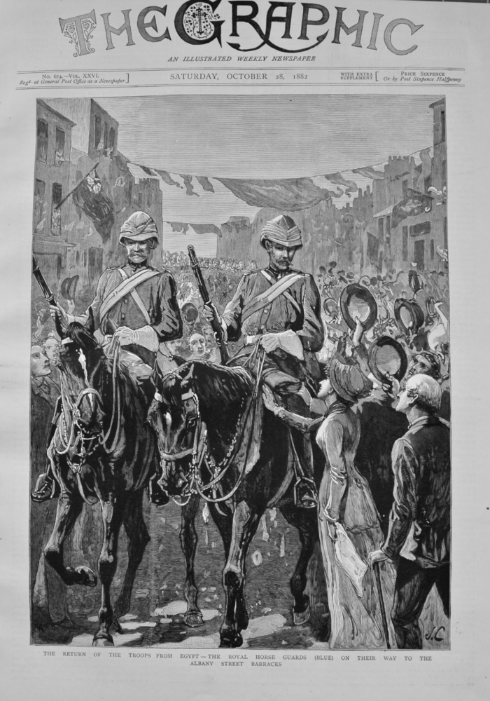 The Return of the Troops from Egypt - The Royal Horse Guards (Blue) on their way to the Albany Street Barracks. 1882