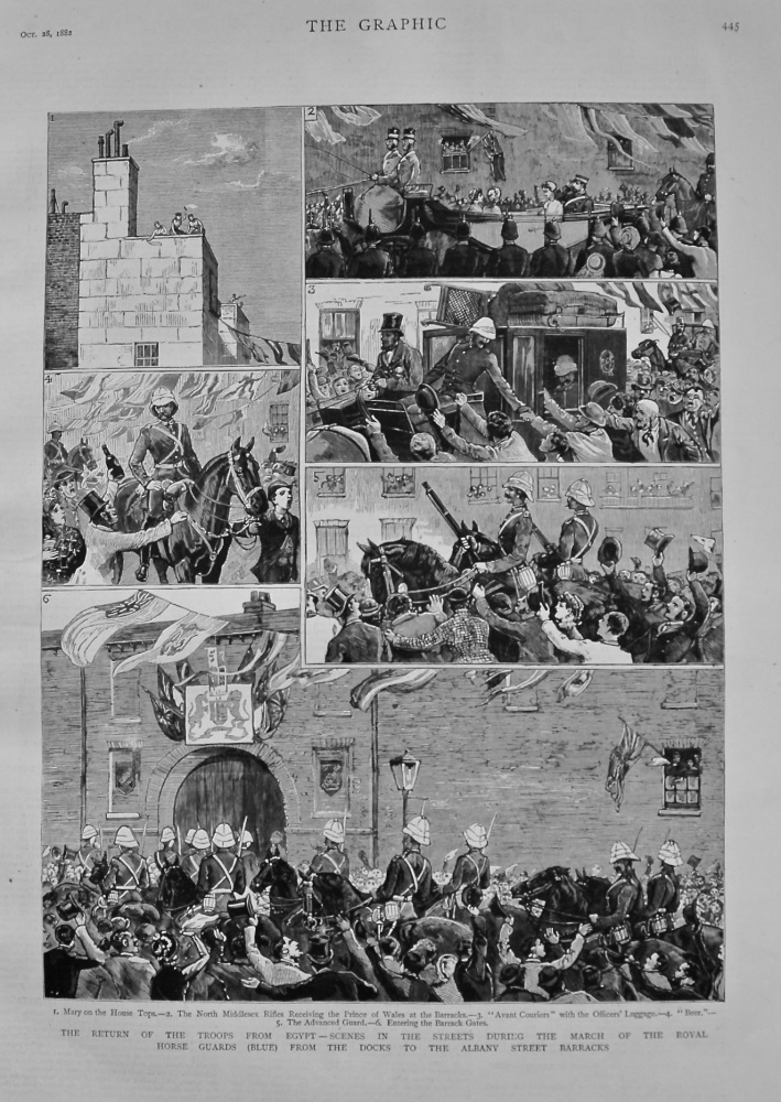 The Return of the Troops from Egypt - Scenes in the Streets during the March of the Royal Horse Guards (Blue) from the Docks to the Albany Street Barr
