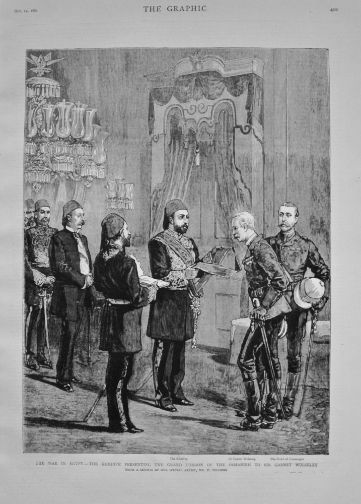 The War in Egypt - The Khedive Presenting the Grand Cordon of the Osmanieh to Sir Garnet Wolseley. 1882