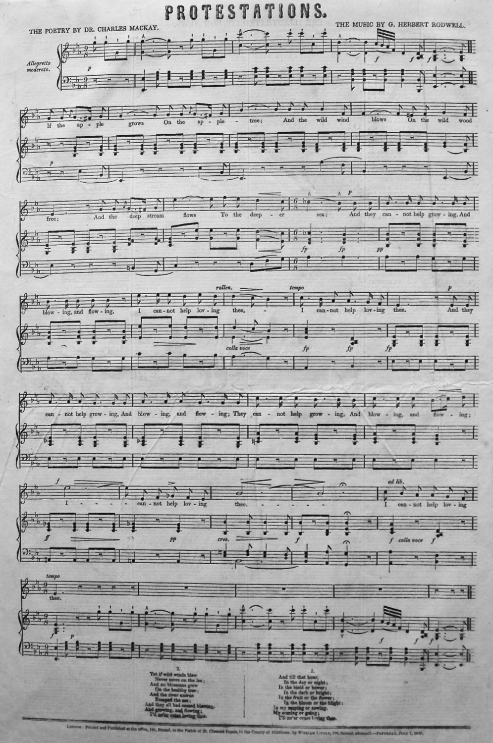 Protestations. (Sheet Music) 1849.