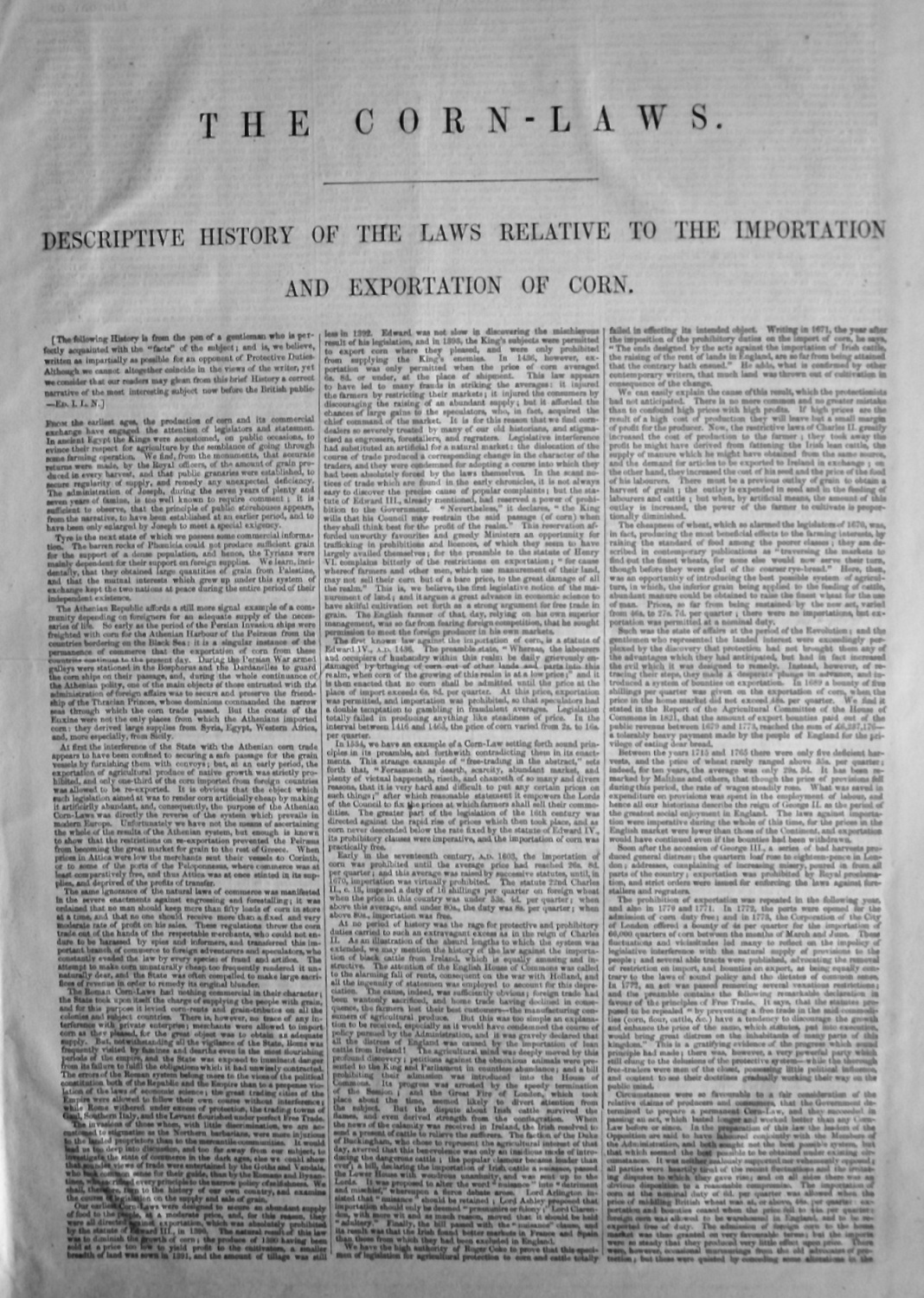 The Corn-Laws. (Descriptive History of the Laws Relative to the Importation