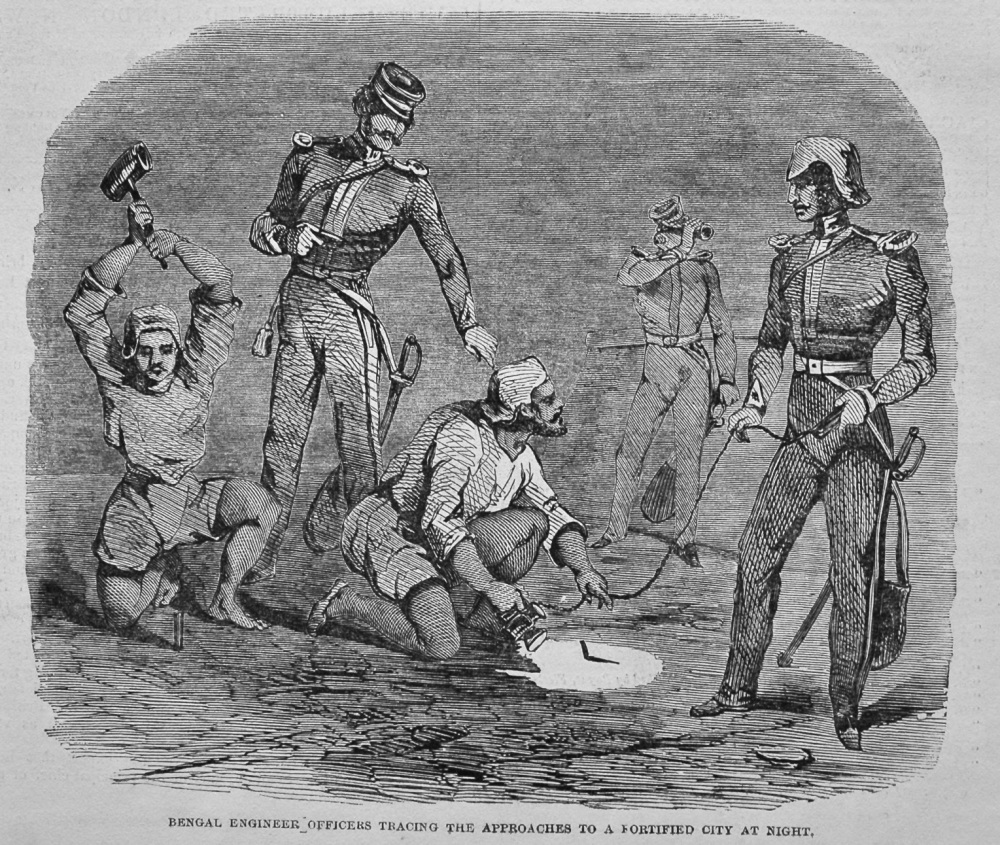 Bengal Engineer Officers Tracing the Approaches to a Fortified City at Night. 1849.