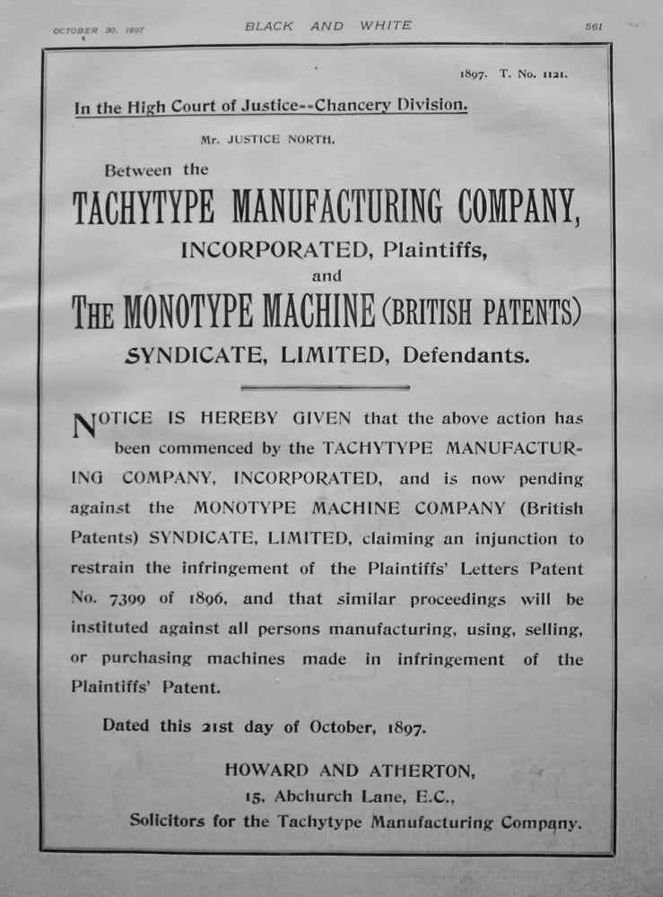 Tachytype Manufacturing Company, incorporated Plaintiffs, and The Monotype Machine (British Patents) Syndicate, Limited, Defendants. 1897.