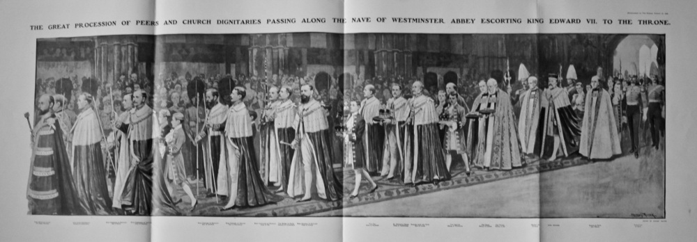The Great Procession of Peers and Church Dignitaries Passing along the Nave of Westminster Abbey Escorting King Edward VII. to the Throne. 1902.