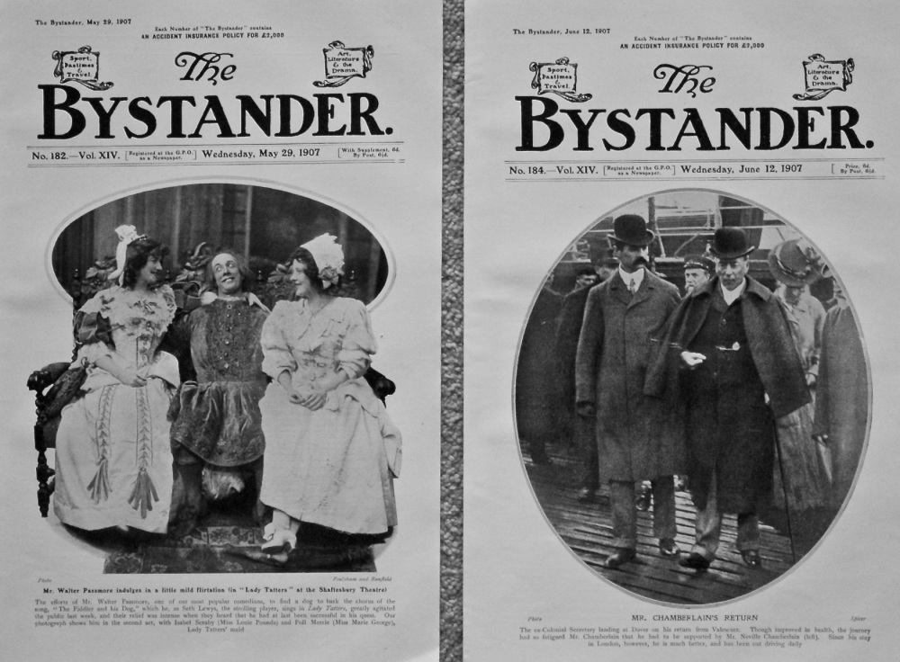 Mr. Walter Passmore.  &  Mr. Chamberlain's Return, the Ex-Colonial Chief Secretary landing at Dover on his return from Valescure. (Front Pages) 1907.