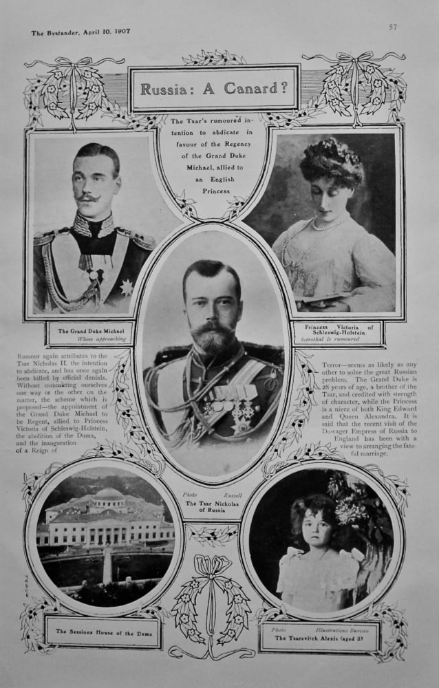 Russia : A Canard ? : The Tsar's rumoured intention to abdicate in favour of the Regency of the Grand Duke Michael, allied to and English Princess. 19
