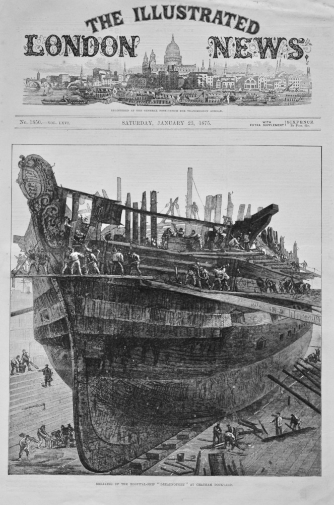 Breaking up of the Hospital-Ship "Dreadnought" at Chatham Dockyard. 1875.