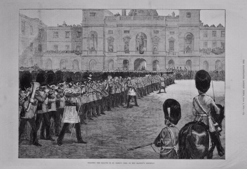 Trooping the Colours in St. James's Park on Her Majesty's Birthday. 1875.