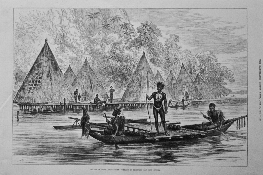 Voyage of H.M.S. Challenger : Village in Humboldt Bay, New Guinea. 1875.