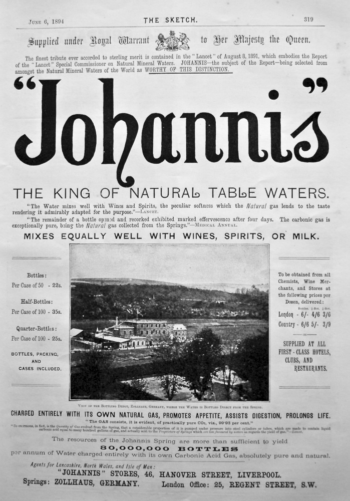 "Johannis". The King of Natural Table Waters. 1894.