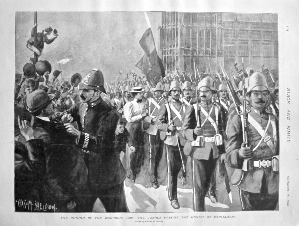 The Return of the Warriors, 1898 - The Guards Passing the Houses of Parliam