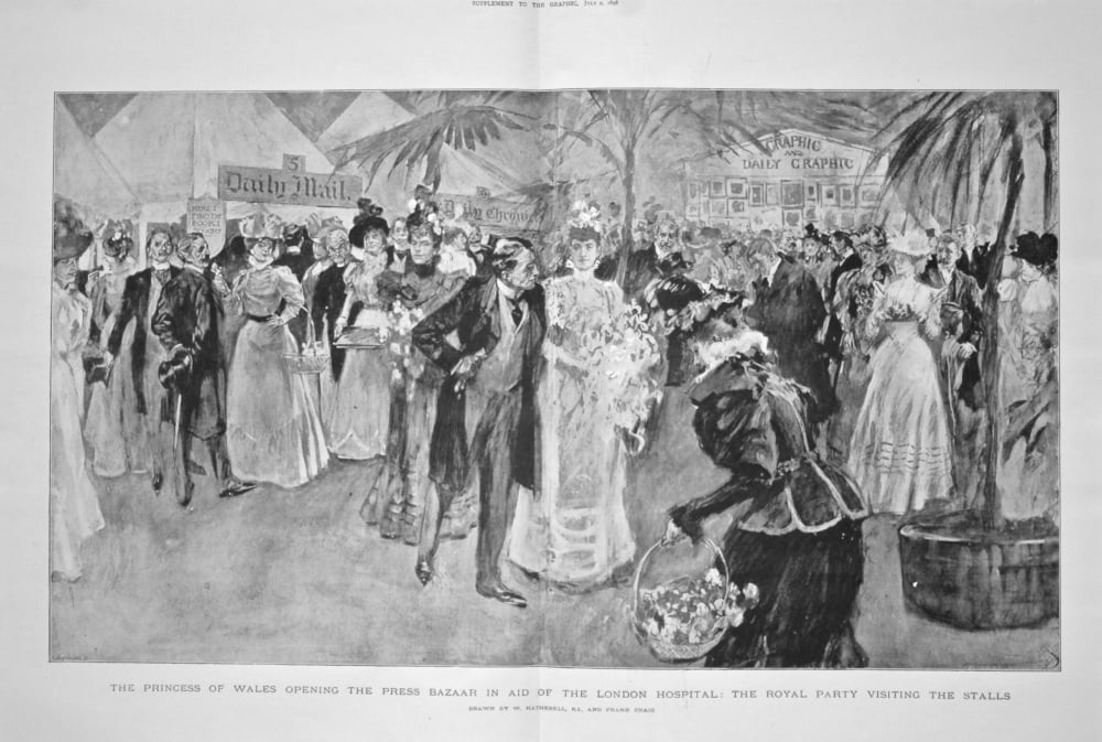 The Princess of Wales opening the Press Bazaar in Aid of the London Hospital : The Royal Party visiting the Stalls. 1898.