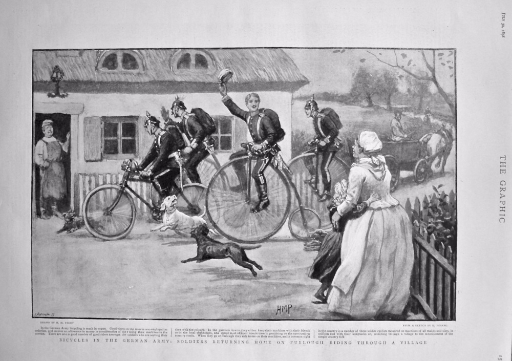 Bicycles in the German Army : Soldiers Returning Home on Furlough Riding through a Village. 1898.