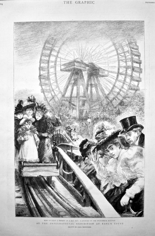 At the International Exhibition at Earl's Court.  How to Enjoy a Breeze on a Hot day : A Journey on the Switchback Railway. 1898.