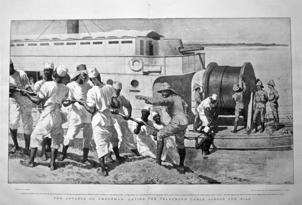 The Advance on Omdurman : Laying the Telegraph Cable across the Nile. 1898.