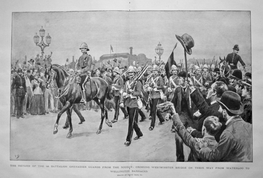 The Return of the 1st Battalion Grenadier Guards from the Sudan : Crossing Westminster Bridge on their way from Waterloo to Wellington Barracks. 1898.