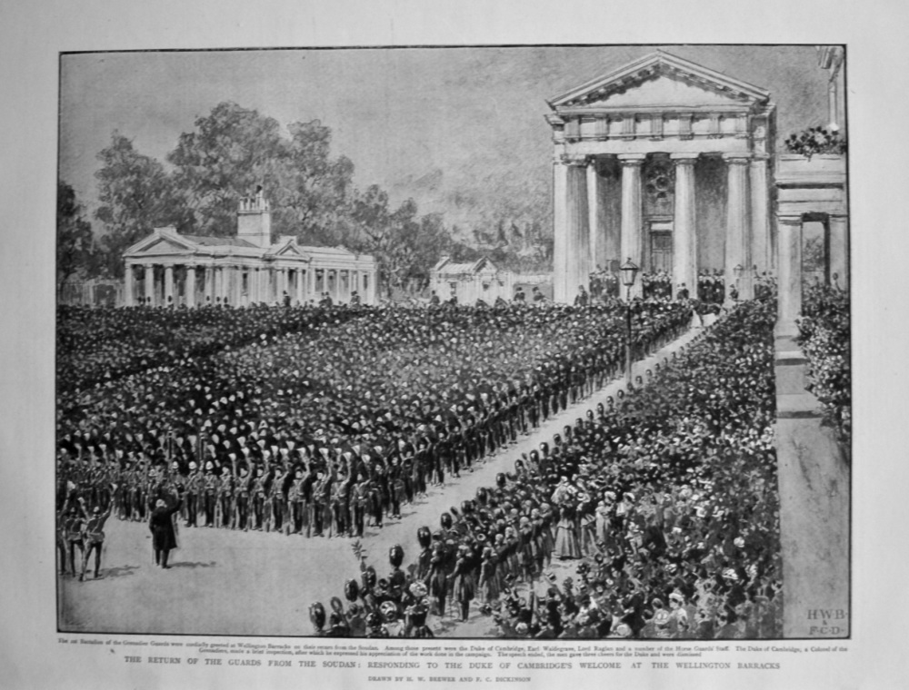 The Return of the Guards from the Soudan : Responding to the Duke of Cambridge's welcome at the Wellington Barracks. 1898.