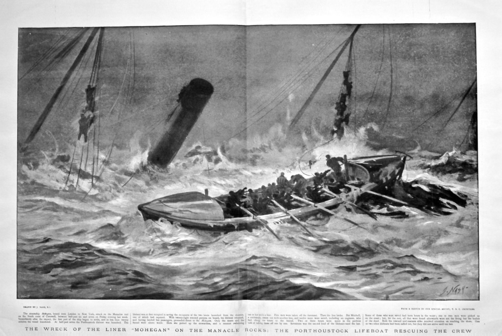 The Wreck of the Liner "Mohegan" on the Manacle Rocks : The Porthoustock Lifeboat Rescuing the Crew. 1898.