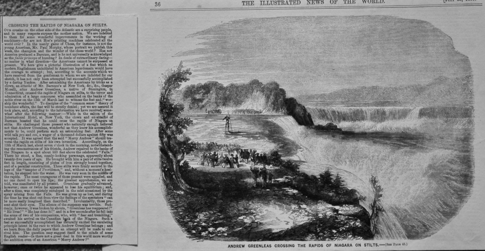 Andrew Greenleas Crossing the Rapids of Niagara on Stilts. 1859.