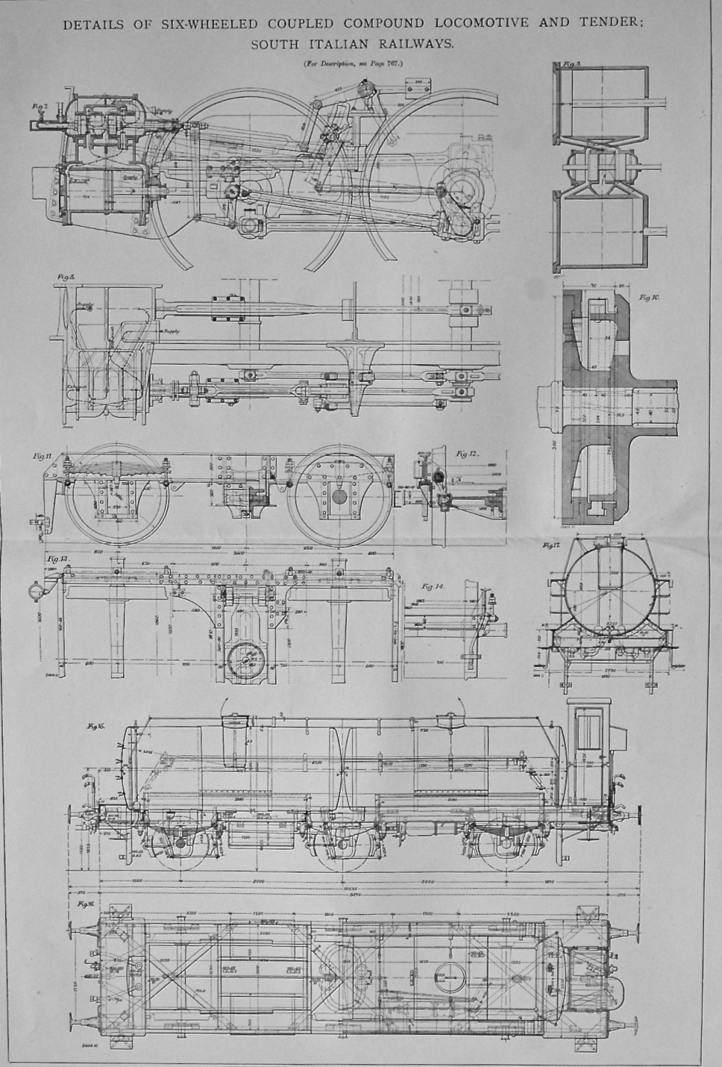 Details of Six-Wheeled Coupled Compound Locomotive and Tender ; South Itali