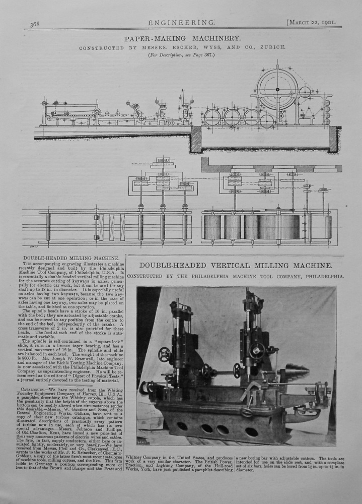 Swiss Paper-Making Machinery. &  Double Headed Vertical Milling Machine. 1901.