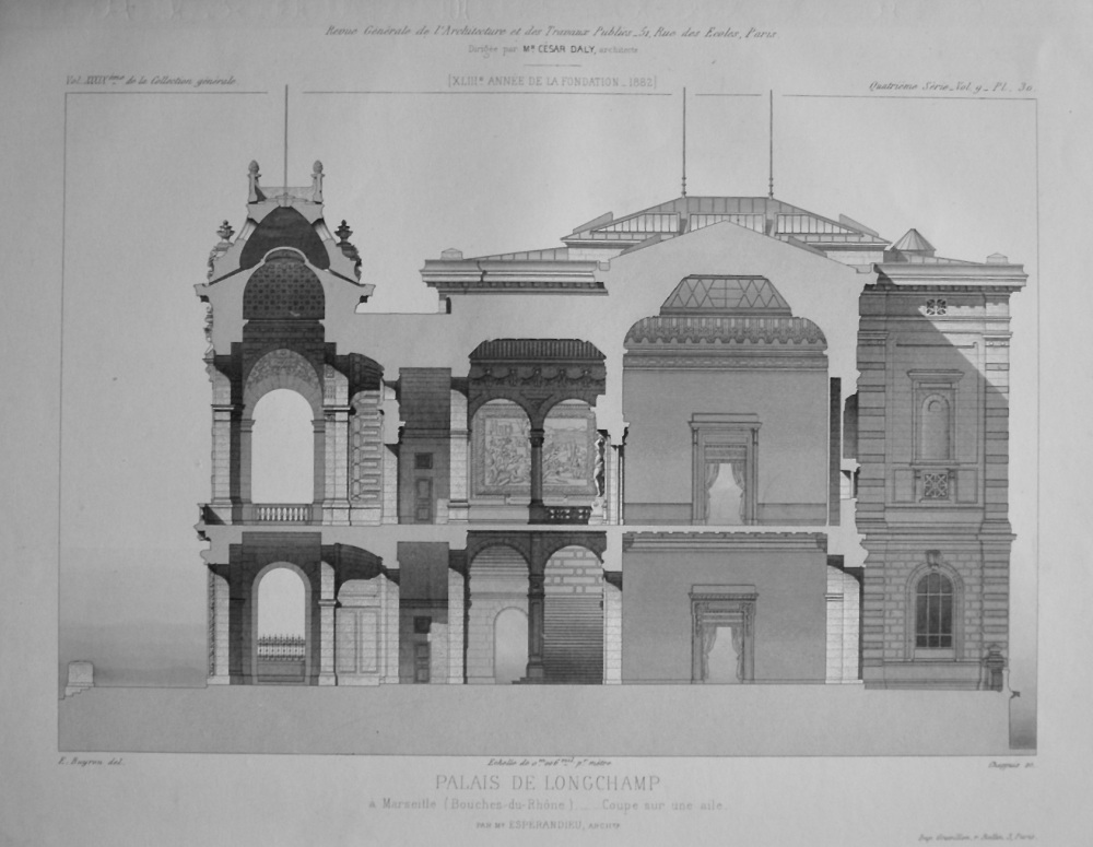 Palais De Longchamp, a Marseille (Bouches-du-Rhone). _ Coupe sur une aile.  1882.