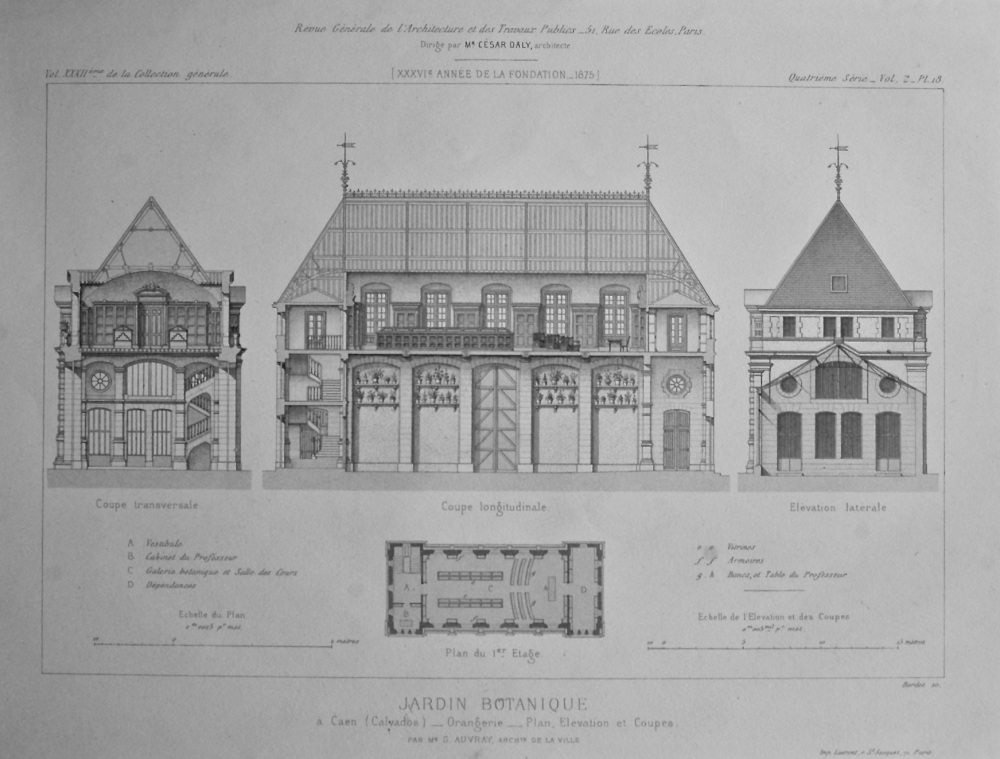 Jardin Botanique, a Caen (Calvados)_ Orangerie_ Plan, Elevation et Coupes. 1875