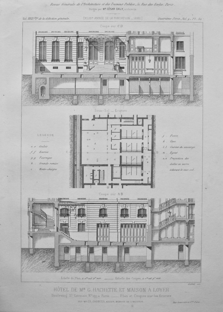 Hotel De Mr. G. Hachette Et Maison a Loyer. Boulevard St. Germain, No 197, a Paris. _ Plan et Coupes sur les Ecuries. 1882.