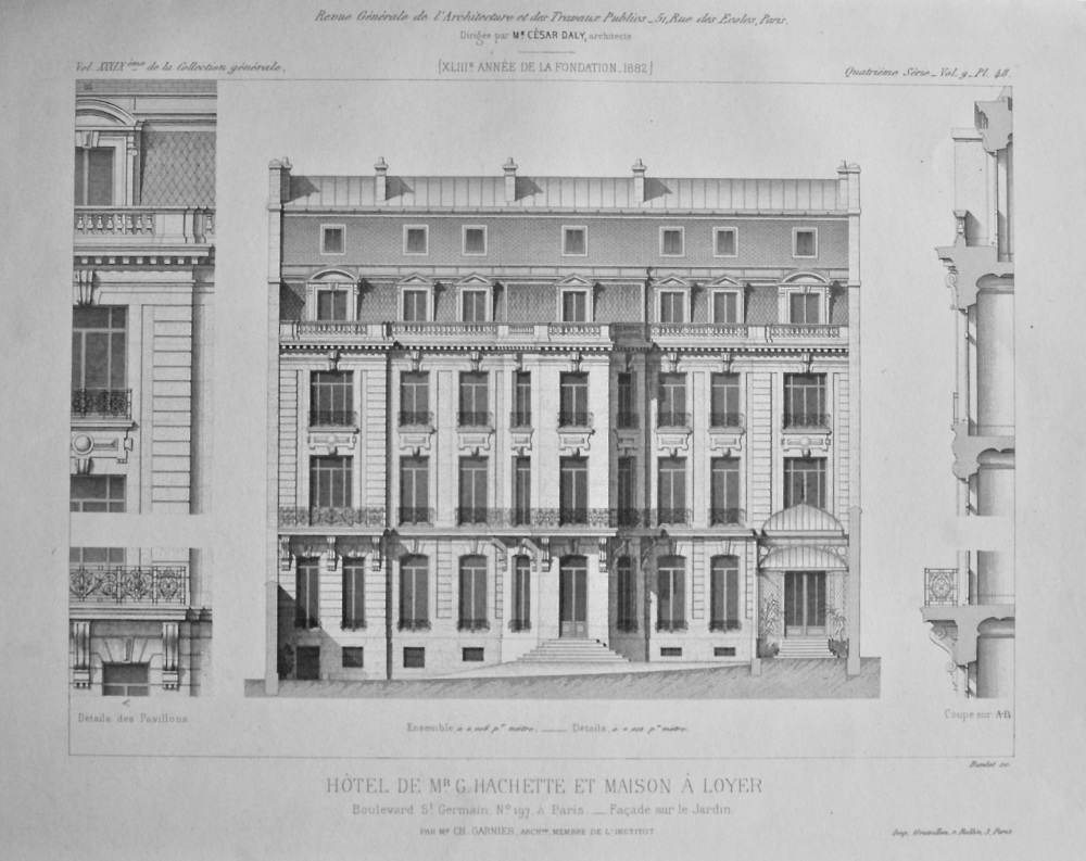 Hotel De Mr. G. Hachette Et Maison a Loyer. Boulevard St. Germain, No. 197, a Paris. _ Facade sue le Jardin. 1882.
