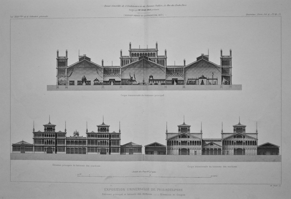 Exposition Universelle De Philadelphie. Batiment principal et bâtiment des machines._ _ Elevation et Coupes. 1877.