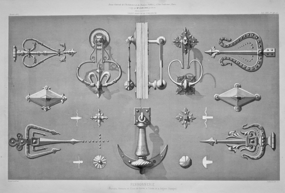 Ferronnerie, Heurtoirs, Pentures et Clous de Portes, a Tolede et a Segovie, (Espagne). 1867.
