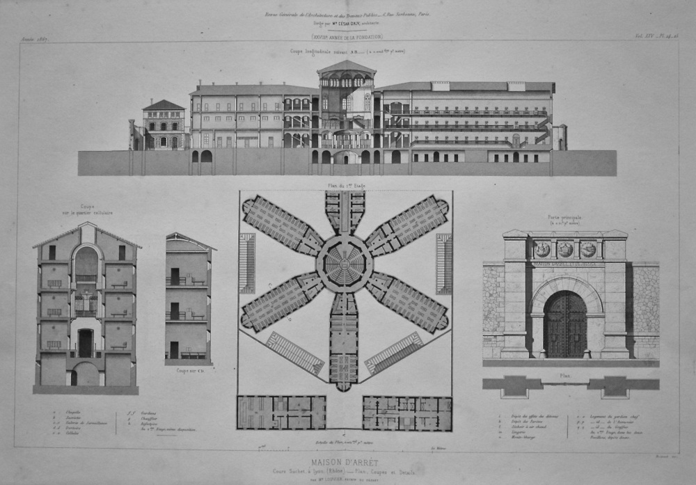 Maison D'Arret, Cours Suchet, a Lyon, (Rhone).__ Plan, Coupes et Details. 1867.