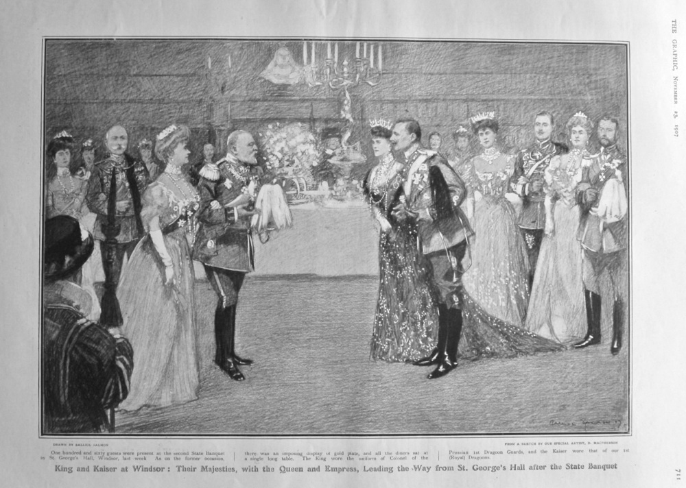 King and Kaiser at Windsor : Their Majesties, with the Queen and Empress, Leading the way from St. George's Hall after the State Banquet.  1907.